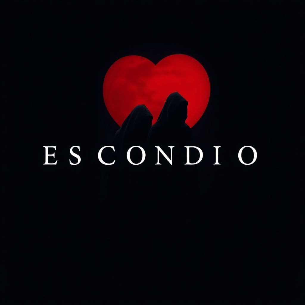 Latin AI Album Cover — An intimate design showcasing two cloaked figures standing beneath a vivid red heart-shaped moon, surrounded by darkness; minimalist yet highly detailed style, capturing an emotional ambiance; moody lighting with shadows emphasizing the figures, a contrasting dark blue and red color palette; the title 'ESCONDIO' creatively placed to blend with the overall aesthetic, a hauntingly beautiful vibe.