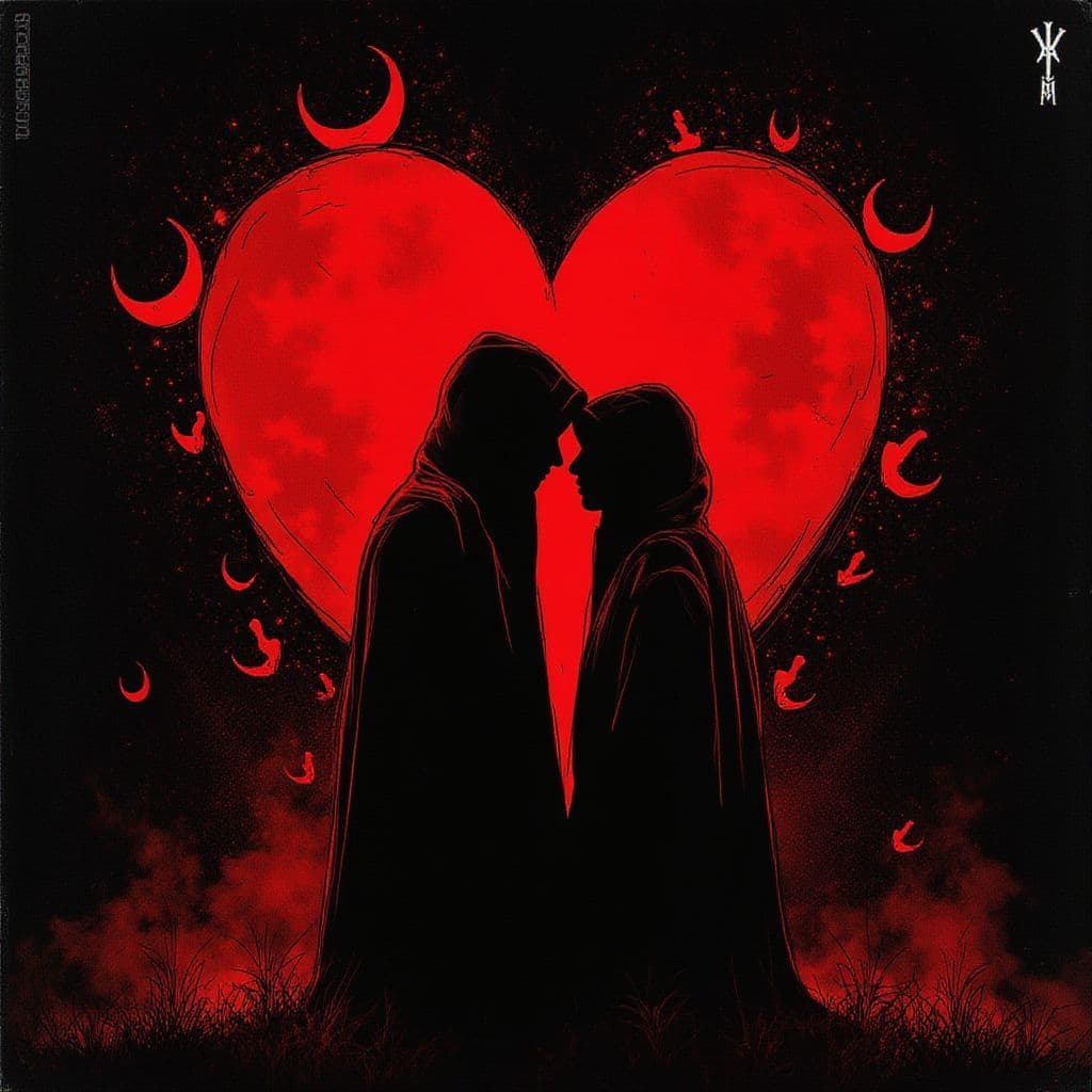 Latin AI Album Cover — A half-illustrated album cover featuring a blood-red heart-shaped moon, with two hooded figures shrouded in darkness, conveying a secretive love; a blend of surreal and hand-drawn styles, moody lighting, deep reds and blacks, highly detailed, ethereal atmosphere, 8k resolution.