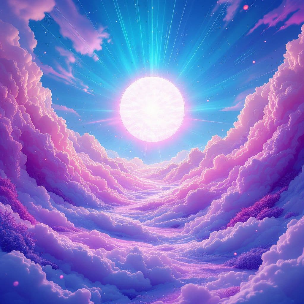 Trance AI Album Cover — A surreal trance album cover featuring an abstract landscape with vibrant colors swirling through the sky; ethereal light rays bursting from a glowing orb at the center, dreamy atmosphere, highly detailed, 8K resolution, vivid purples and blues creating a sense of euphoria.