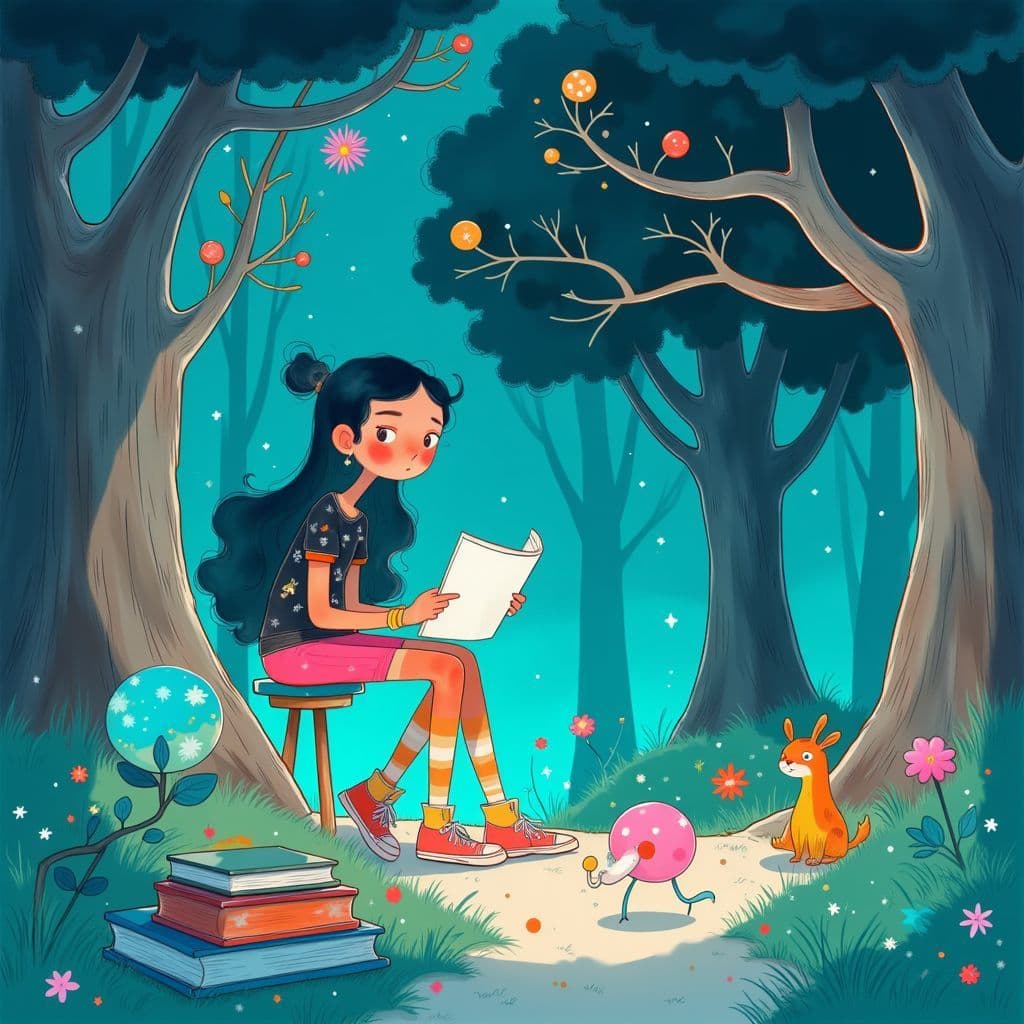 Pop AI Album Cover — A whimsical illustration depicting a figure focused on learning, with colorful interactive stimuli around them symbolizing behavior reinforcement; playful and surreal style, bright colors like electric blue and neon green; highly detailed and dynamic scene, dreamy atmosphere, 8k resolution, evoking curiosity and introspection