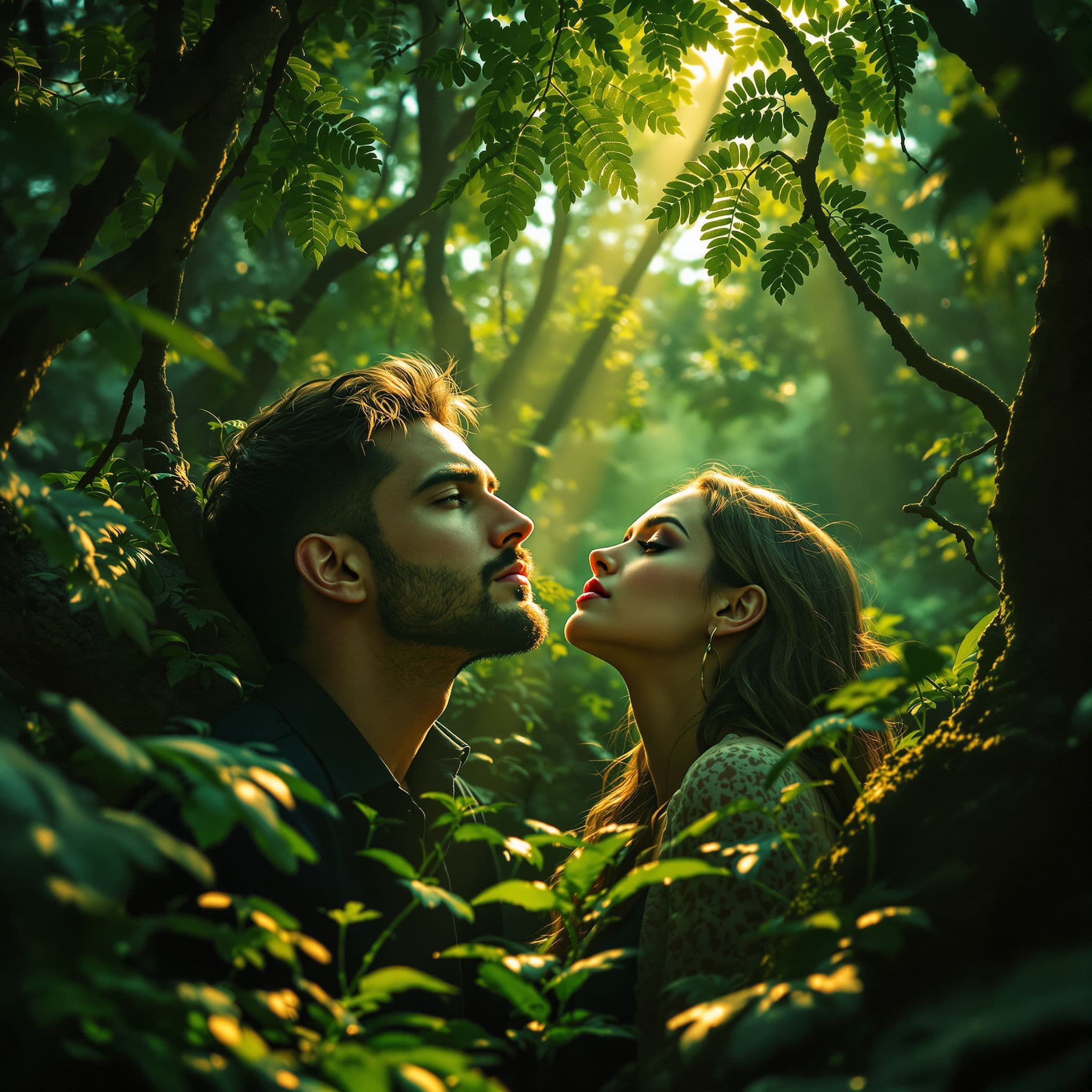 Pop AI Album Cover — A surreal pop album cover featuring Sultan Laguchev and Nichita Stănescu in a lush forest, dramatic lighting illuminating their contemplative expressions; vibrant greens and soft gold hues, ethereal atmosphere, highly detailed textures, 8k resolution, capturing the emotional depth of their collaboration.