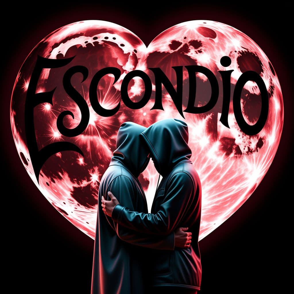 Latin AI Album Cover — A heart-shaped blood-red moon illuminating two hooded figures embracing in darkness, modern and mysterious aesthetic; typography of title 'ESCONDIO' intricately integrated into the moon's surface with a flowing script, atmospheric lighting highlighting the figures, dark colors with deep reds, highly detailed, 8K resolution, cinematic and moody feel.