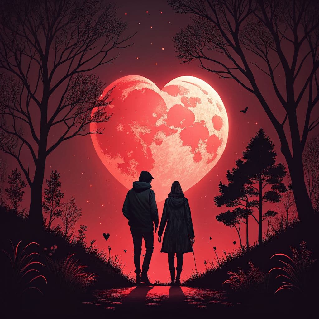 Latin AI Album Cover — A heart-shaped blood-red moon casting an ethereal glow, two silhouetted figures in hoods merging into the darkness below; stylized illustration with vector art aesthetics, moody lighting, crimson and deep black color palette, modern love theme, highly detailed and evocative, capturing hidden romance, 8k resolution