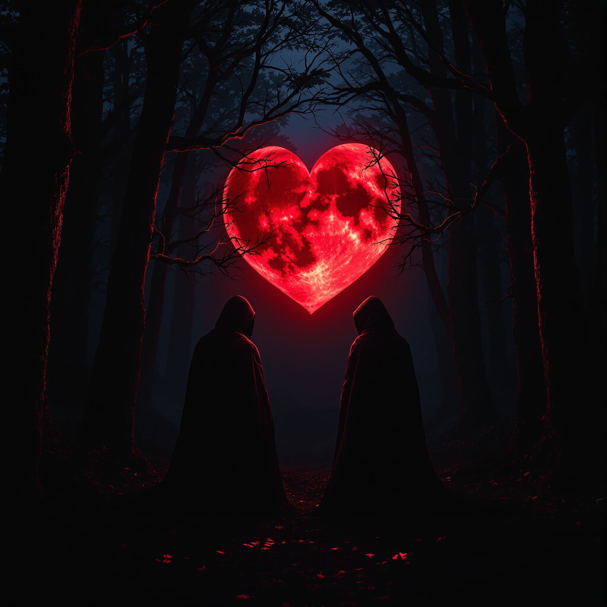 Latin AI Album Cover — A dramatic scene featuring a blood-red heart-shaped moon illuminating two hooded figures in a dark, mysterious forest, evoking a sense of hidden love; cinematic lighting casting deep shadows and highlighting textures, rich reds and blacks dominate the palette, highly detailed and photorealistic, 8k resolution.
