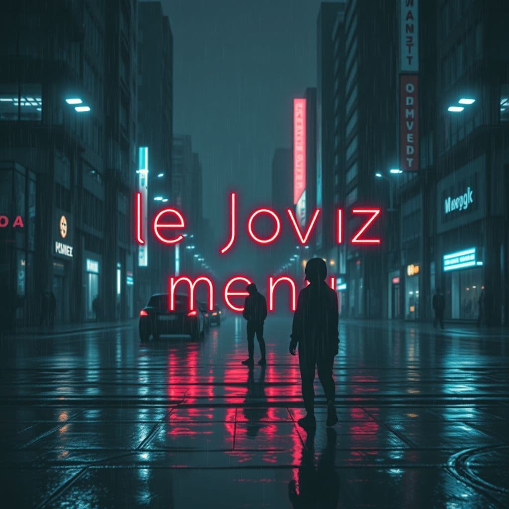 Rap AI Album Cover — A moody urban scene featuring a lone figure in a rain-soaked city at night, the title "Не зови меня" integrated artistically with neon lighting; dark tones contrasted with vibrant splashes of color, photorealistic style, 8k resolution, emphasizing loneliness and emotional depth.