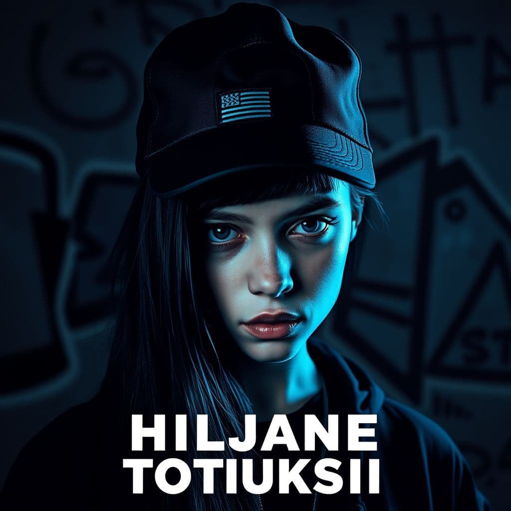 Rap AI Album Cover — A captivating rap album cover featuring a black-haired girl with a serious expression, wearing a rap cap; minimalist, urban backdrop with graffiti art, integrated text reads 'HILJANE TOTUUKSII' in bold white font, moody and atmospheric lighting, vibrant color palette with deep blues and blacks, highly detailed, 8k resolution
