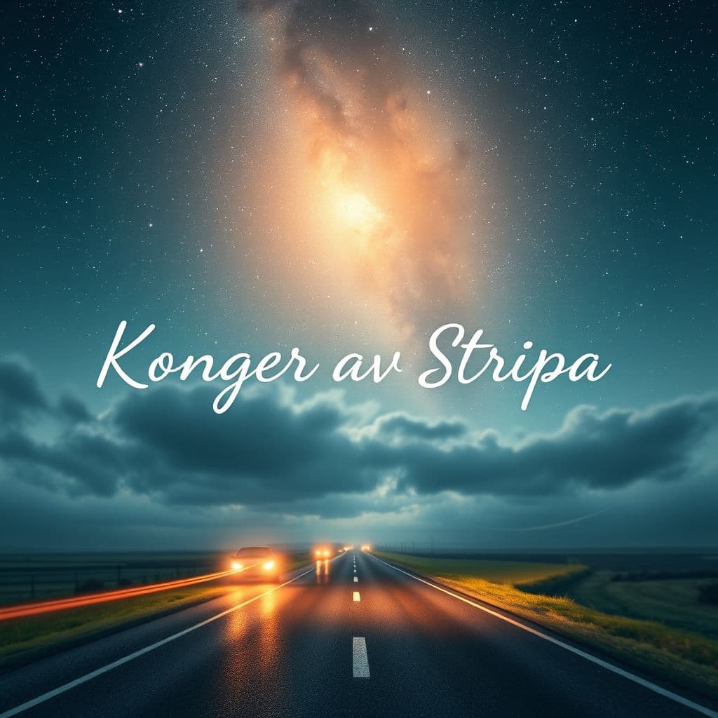 Pop AI Album Cover — An ethereal pop music cover depicting a dreamy scene of a starry sky above a rural road, with blurred headlights creating light trails; the title "Konger av Stripa" elegantly woven into the clouds; surreal lighting, soft color palette, highly detailed, capturing a sense of freedom and adventure, 8k resolution