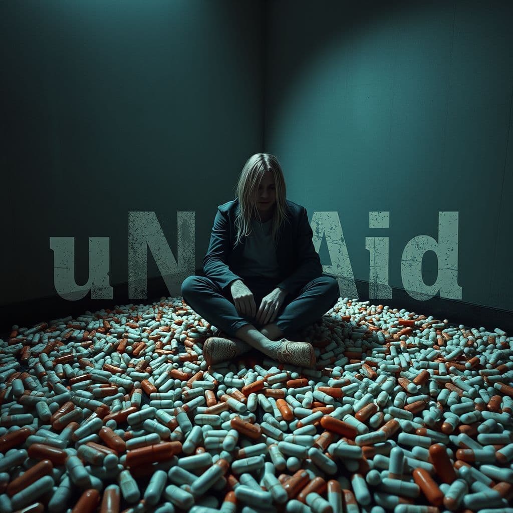 Grunge AI Album Cover — A photorealistic album cover featuring a lone figure, inspired by Kurt Cobain, sitting in a semi-dark room filled with pills and pain medications reaching knee-high; melancholic atmosphere with soft, moody lighting; the title "uNSAID" integrated into the scene, stylized in a distressed grunge font, earthy tones with subtle blues; highly detailed and emotional, 8k resolution