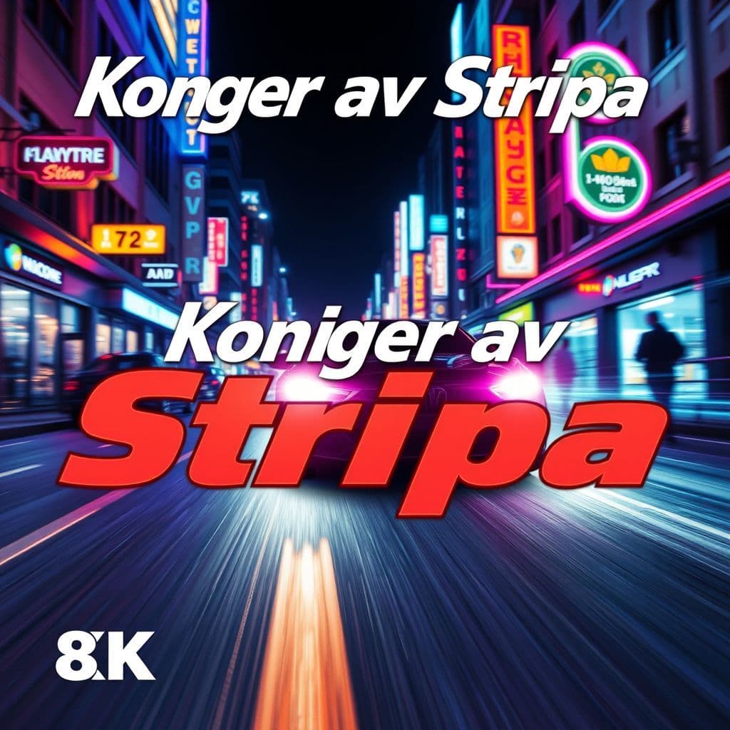 Pop AI Album Cover — A vibrant pop album cover featuring a glowing, sleek car racing down a bustling street at night with neon lights; the title "Konger av Stripa" integrated in bold, energetic typography; cinematic lighting, highly detailed, showing excitement and movement, 8k resolution, colorful and lively