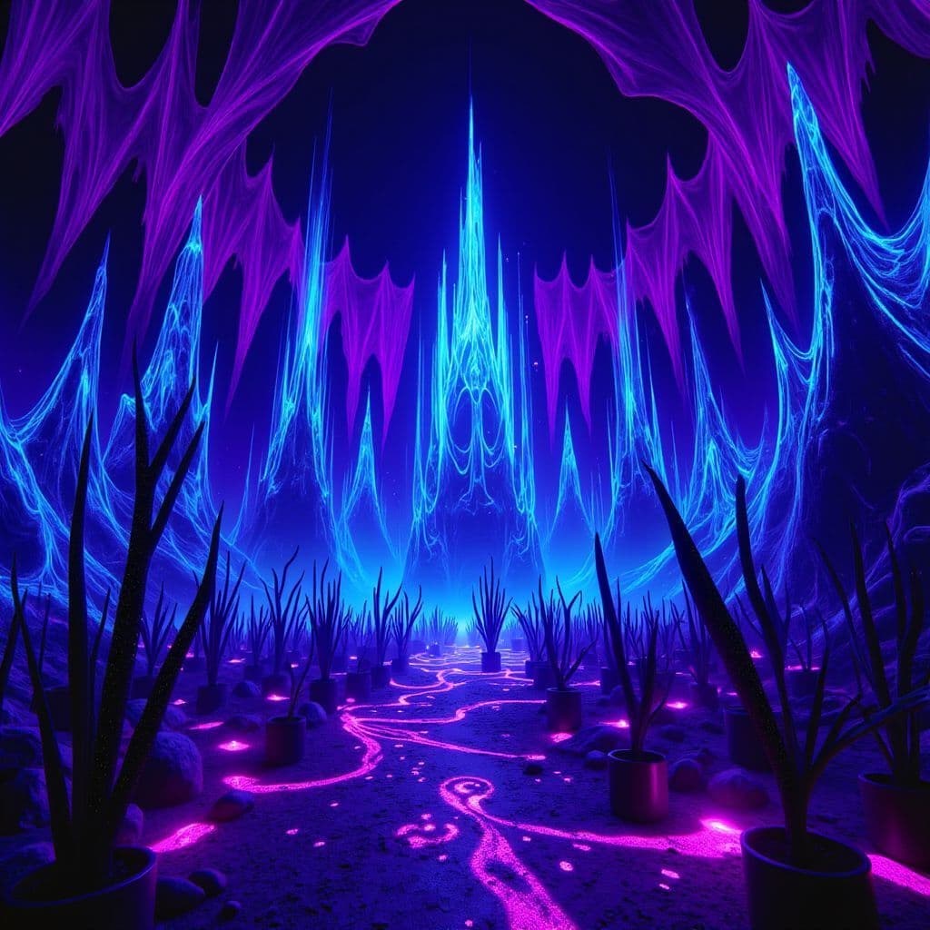 Trance AI Album Cover — A surreal black light illustration featuring an alien landscape with glowing crystal formations and ethereal waves of light; vibrant blues and purples dominate the color palette, representing the trance theme of 'Eureka'; highly detailed and immersive, creating a sense of wonder; 8k resolution, otherworldly atmosphere
