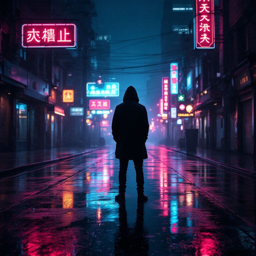 Rap AI Album Cover — A moody rap album cover featuring a lone figure in a drenched city street at night; the atmospheric lighting captures reflections of neon signs on wet pavement, deep blue and black color palette, slight fog for mystery; highly detailed, photorealistic, 8K resolution, embodying themes of isolation and resilience.