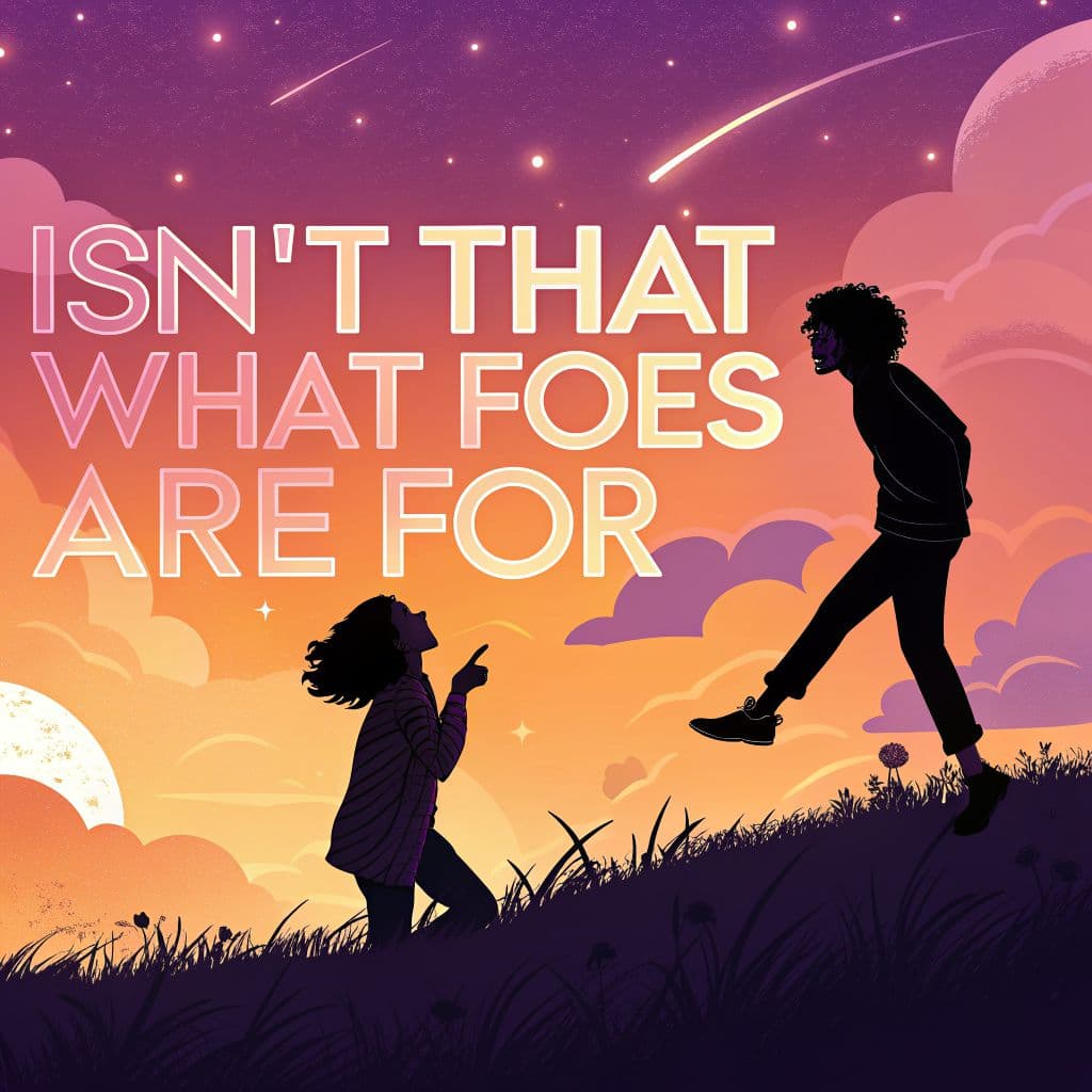 Pop AI Album Cover — A stylized illustration for 'Isn't That What Foes Are For', featuring two silhouetted figures with contrasting expressions against a vibrant sunset background; vibrant colors of orange, pink, and purple, playful and dynamic composition, vector art style, soft glow lighting creating a dreamy atmosphere, highly detailed, professional quality