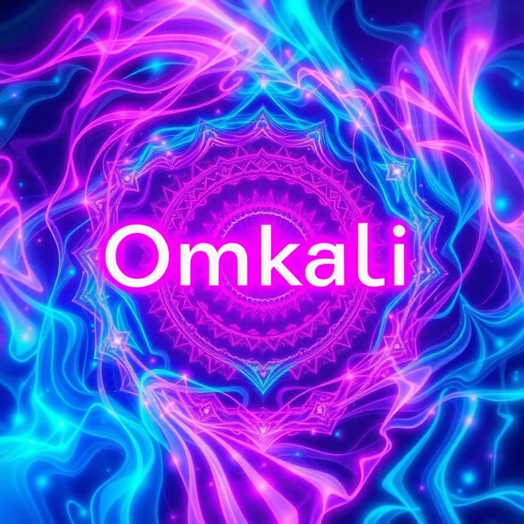 Trance AI Album Cover — A psychedelic trance album cover featuring swirling neon patterns with the title "Omkali" integrated in luminous typography; vibrant colors like pink, blue, and green, ethereal lighting creating a dream-like atmosphere, high quality, highly detailed, 8k resolution, energetic and uplifting vibe.