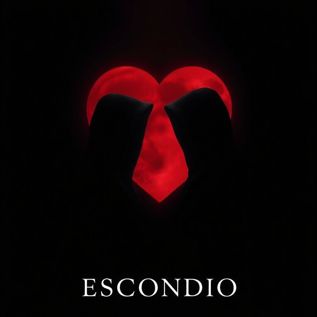 Latin AI Album Cover — A mysterious album cover featuring a heart-shaped blood-red moon illuminating two hooded figures in darkness, symbolizing hidden love; a blend of surrealism with cinematic lighting, deep shadows, and a muted color palette; ethereal and moody atmosphere, sharp focus, high-quality details, includes the text 'ESCONDIO' artistically integrated into the design in a contemporary font.