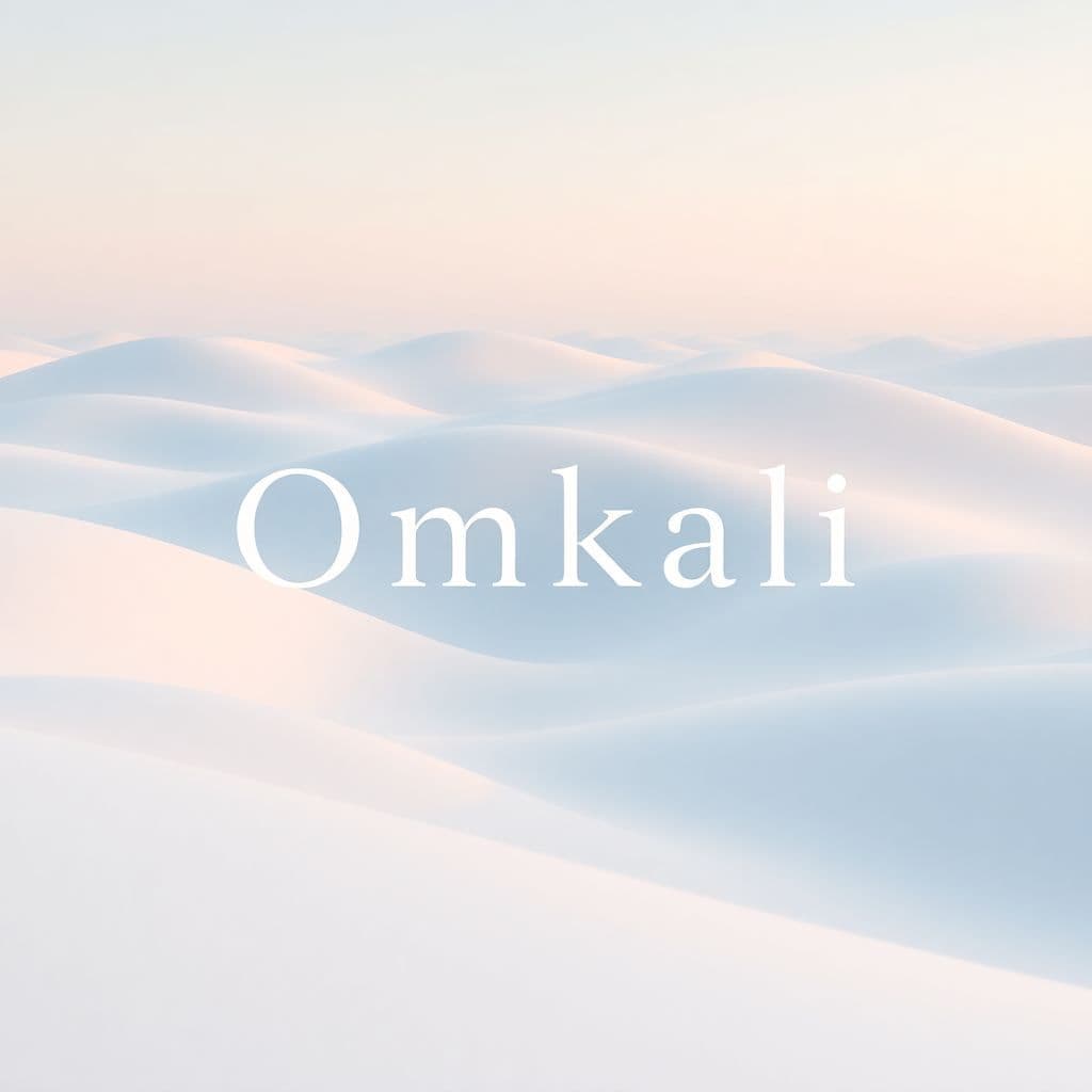 Trance AI Album Cover — An abstract minimalist music cover depicting an ethereal landscape with gentle curves and soft waves, the title "Omkali" harmoniously blended into the design; soft pastel colors, serene lighting, photorealistic, 8k resolution, calm and introspective feel.