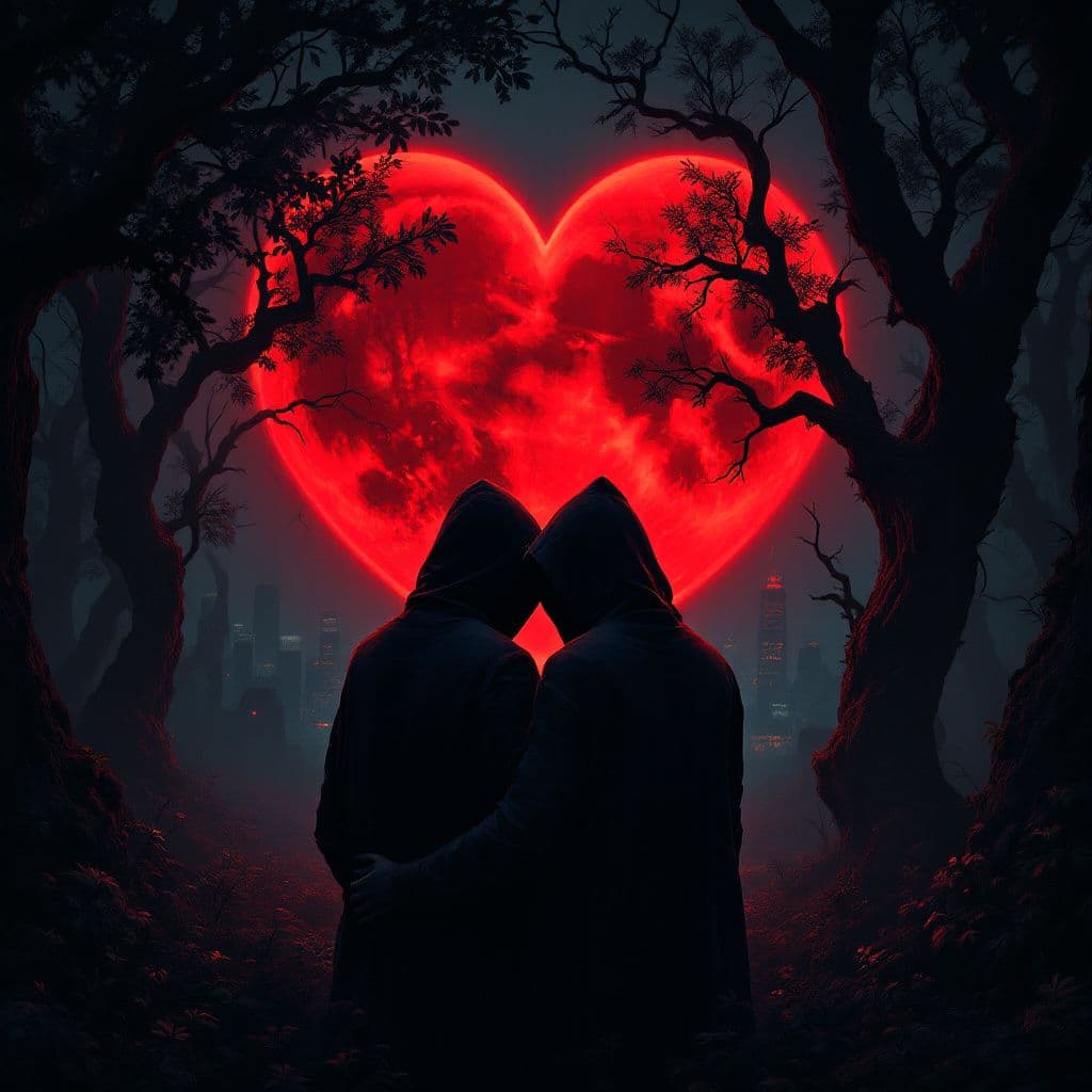 Latin AI Album Cover — A striking album cover featuring a heart-shaped blood-red moon glowing in a dark, mysterious forest, two hooded figures embracing in the shadows, with modern urban vibes; moody lighting, highly detailed textures, 8K resolution, capturing secret love and hidden emotions in a surreal atmosphere.
